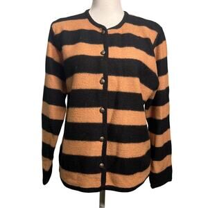Vintage Boiled Wool Stripe Cardigan Sweater Tan Black Crest Buttons Size Medium
